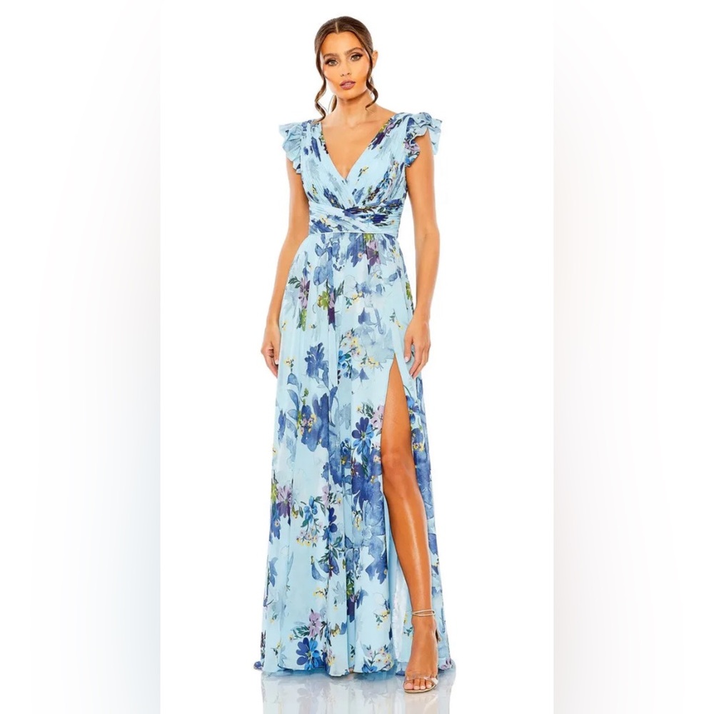 New Mac Duggal Floral Print Flutter Sleeve Chiffon Gown In Blue Multi Sz 6